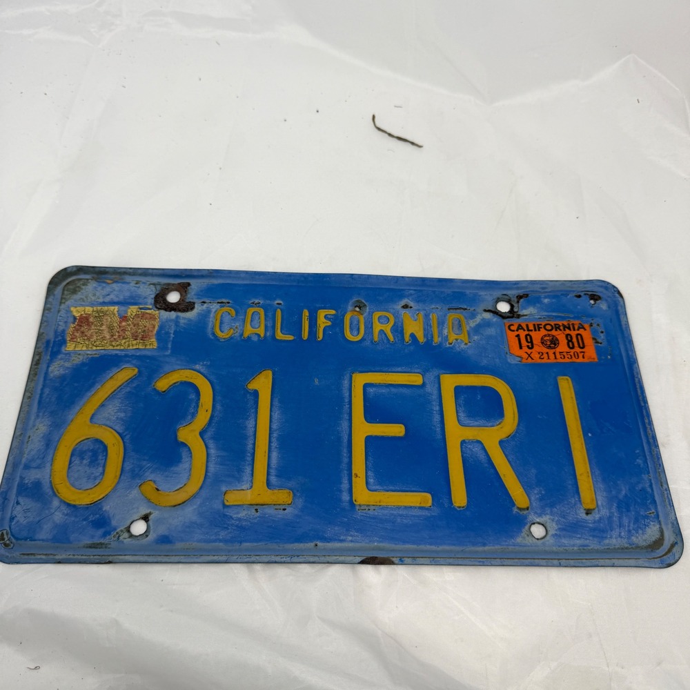 Vintage 1980 California Blue License Plate 631 ERI Yellow Lettering Retro Metal